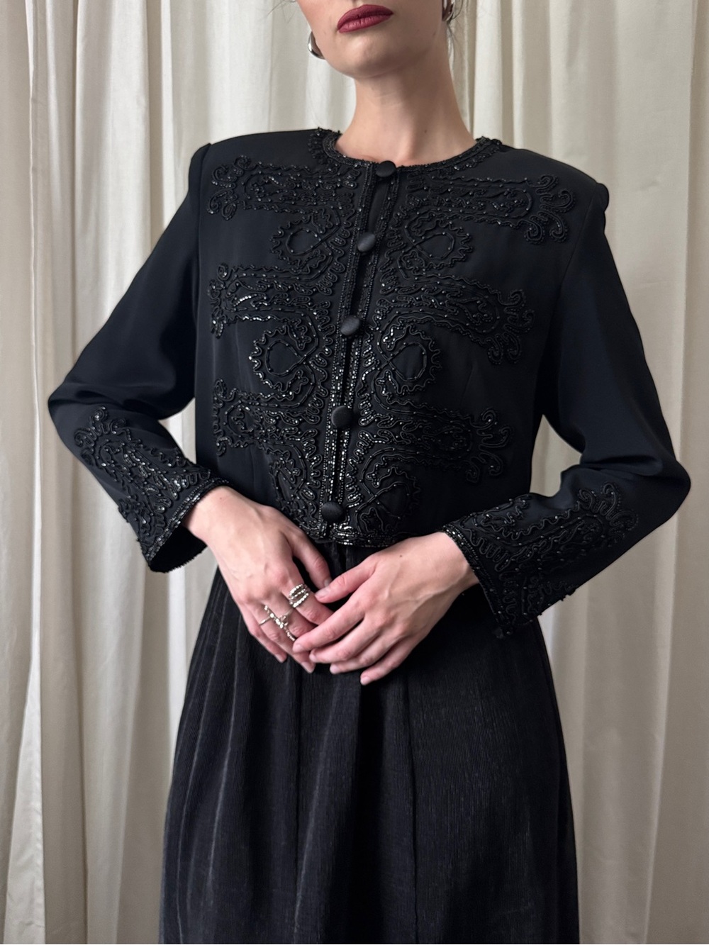 Vintage Belissima Couture Black Beaded Cropped Evening Jacket Women's Size 8